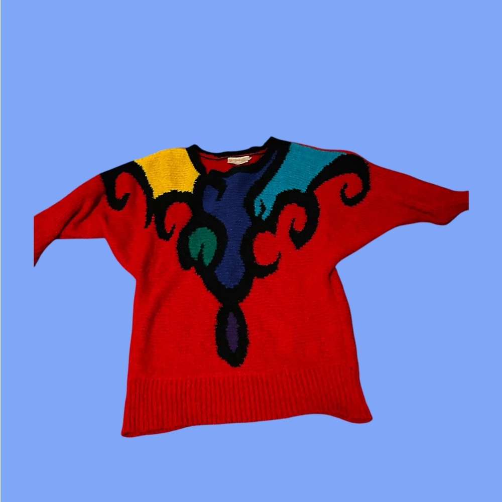 Red and Yellow Crew Neck Sweater with Bold Abstract Design